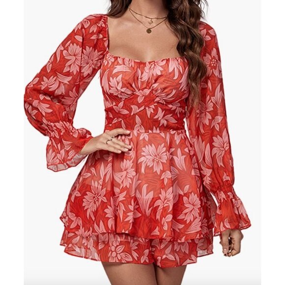 Red Floral Printed Chiffon Ruffle Long Sleeve Romper Short Playsuit Jumpsuit - Picture 4 of 7